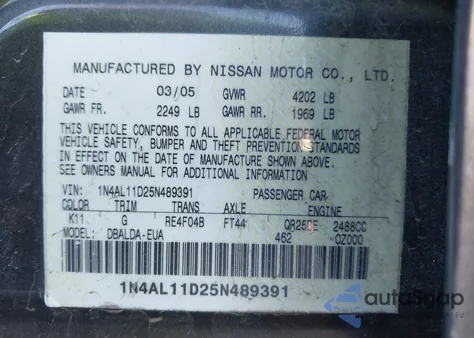 2005 Nissan Altima 2.5 S z USA, uszkodzony, nr VIN 1N4AL11D25N489391